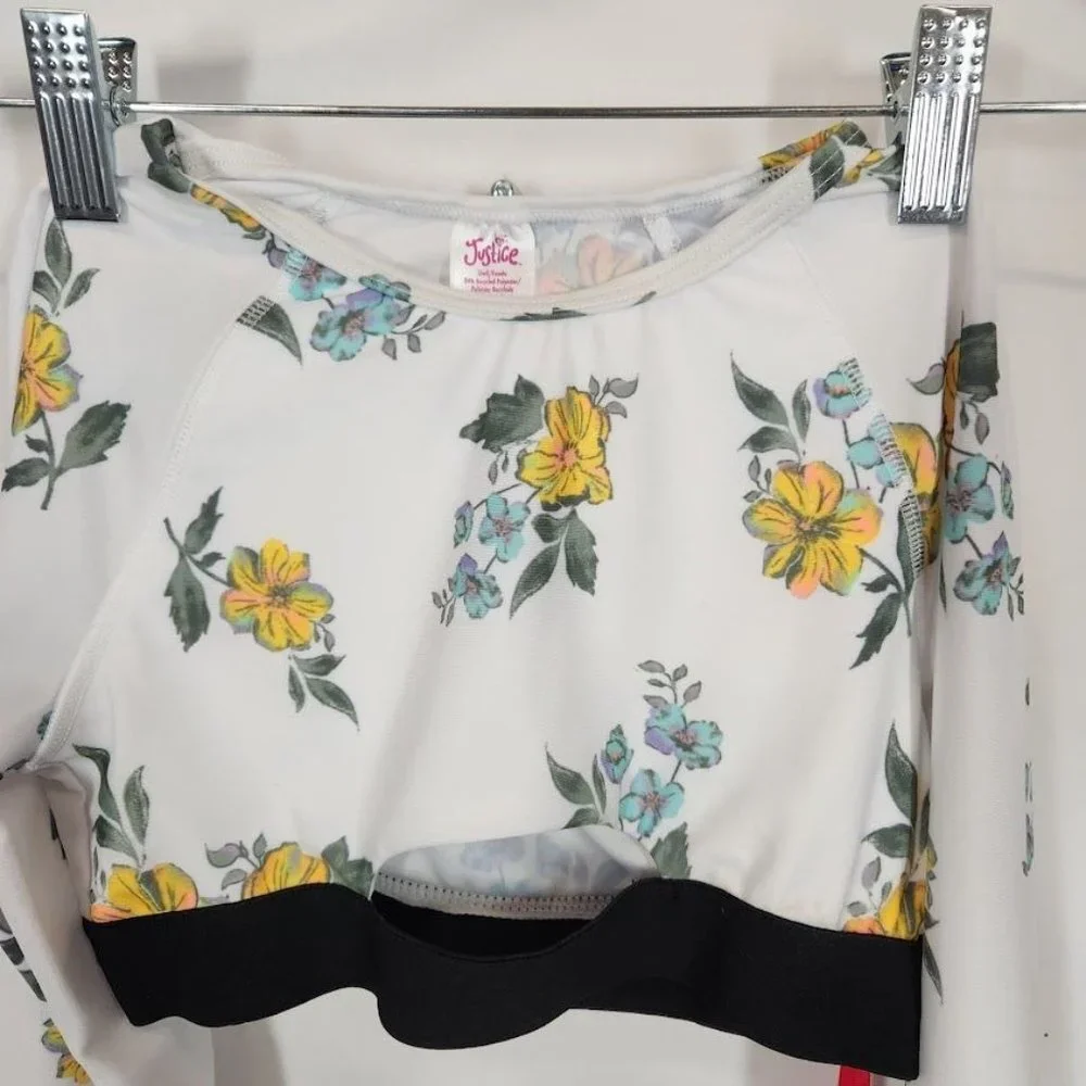 Justice Girls Long Sleeve Elastic Trim Floral Print Rash Guard Swimsuit TOP‎ Sm